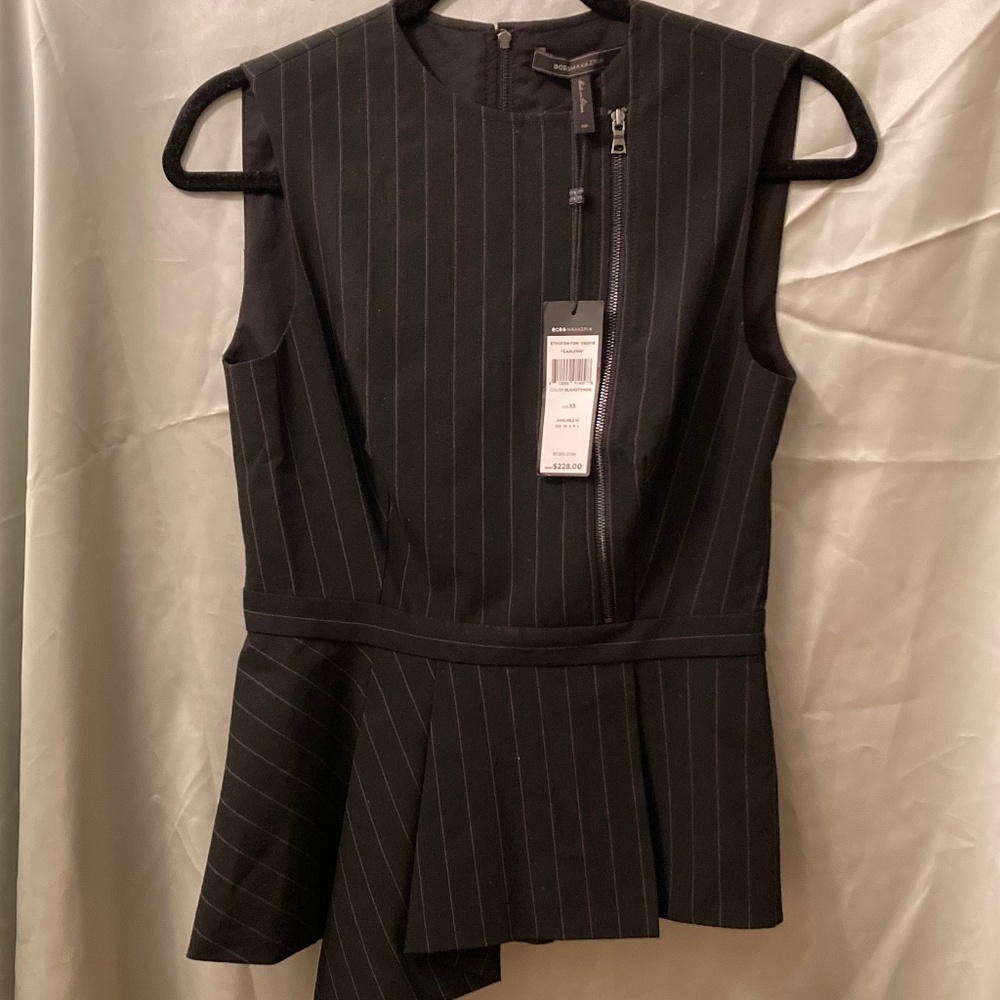 NWT BCBGMaxAzria Black Pinstripe Sleeveless Peplum Carlynn Top XS Bloomingdale’s